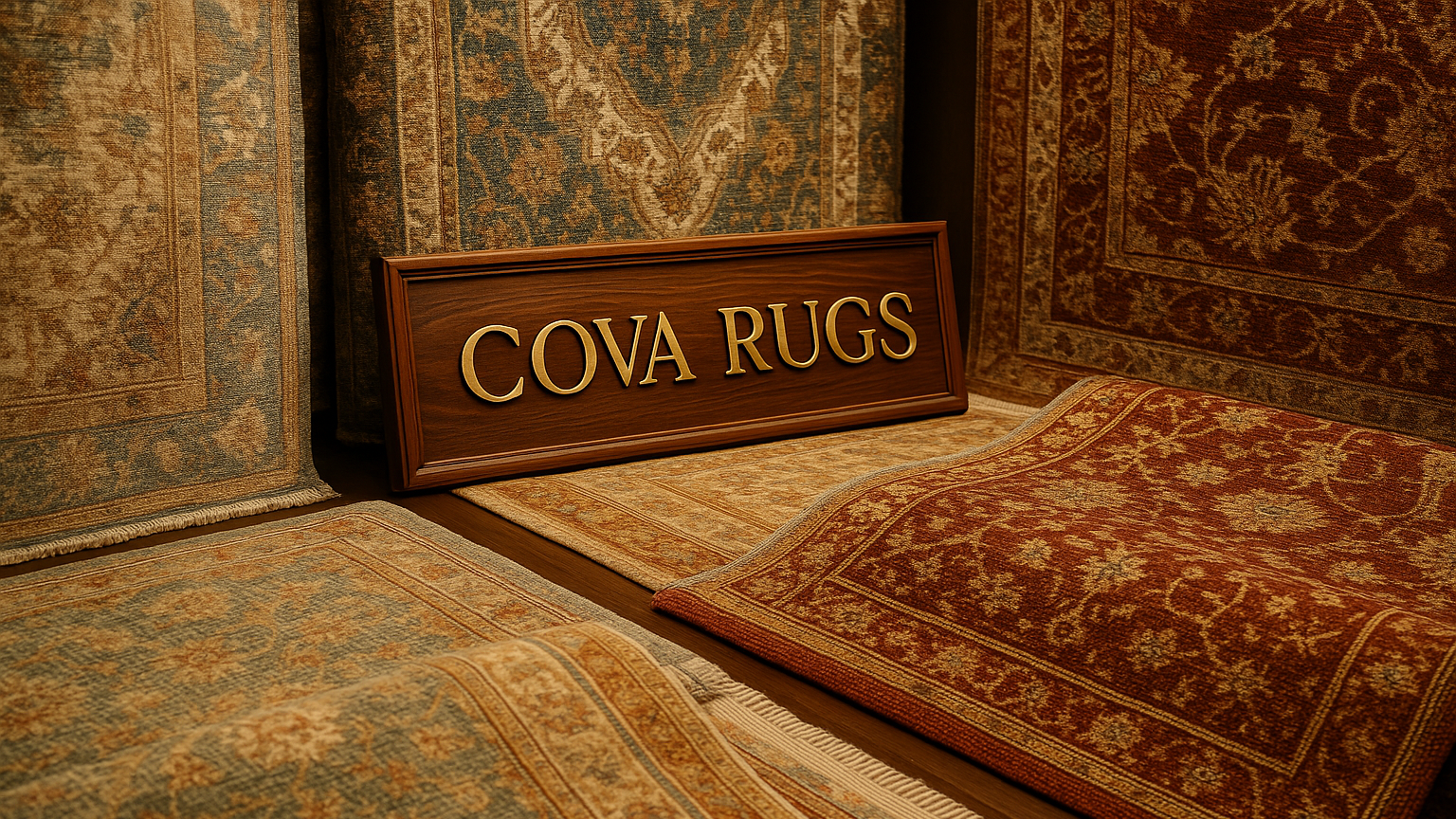 generate image of rugs and write Cova Rugs shows as a brand and make it more realistic and that shows about hand knotned and quality premious rugs